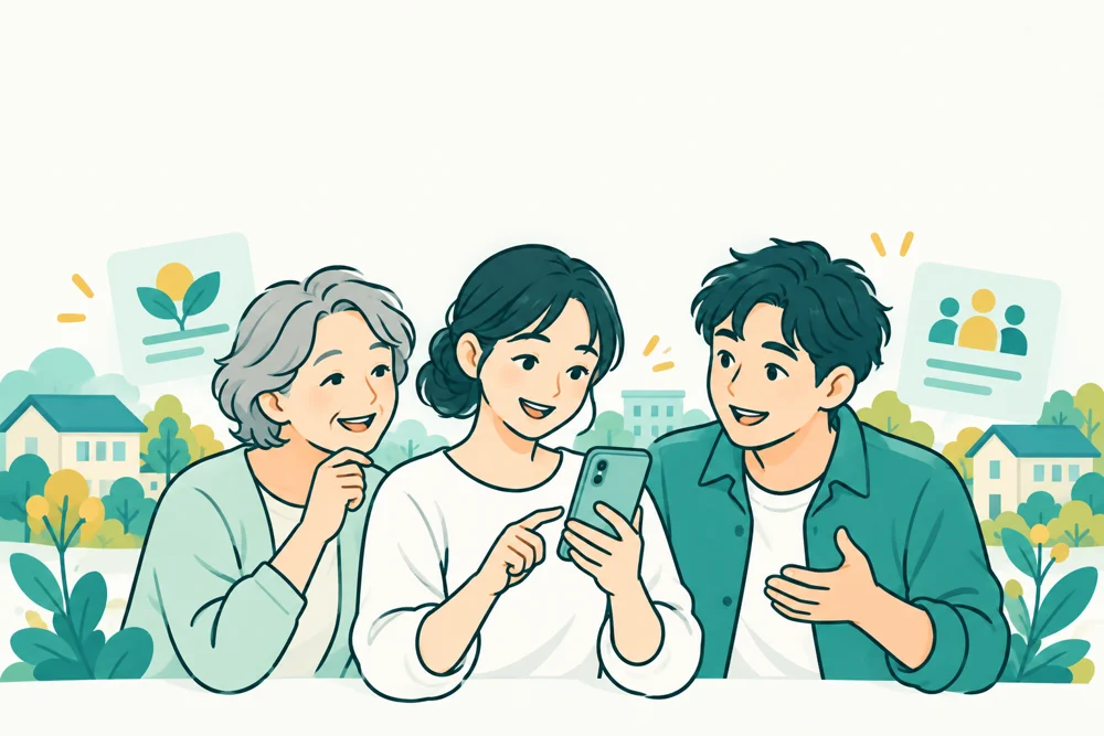 スマートフォンで暮らしの情報を調べる幅広い世代の人たち